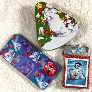 Set of 3 Vintage Coca-Cola Baby Polar Bear Hinged Lid Tins with Puzzle Tin